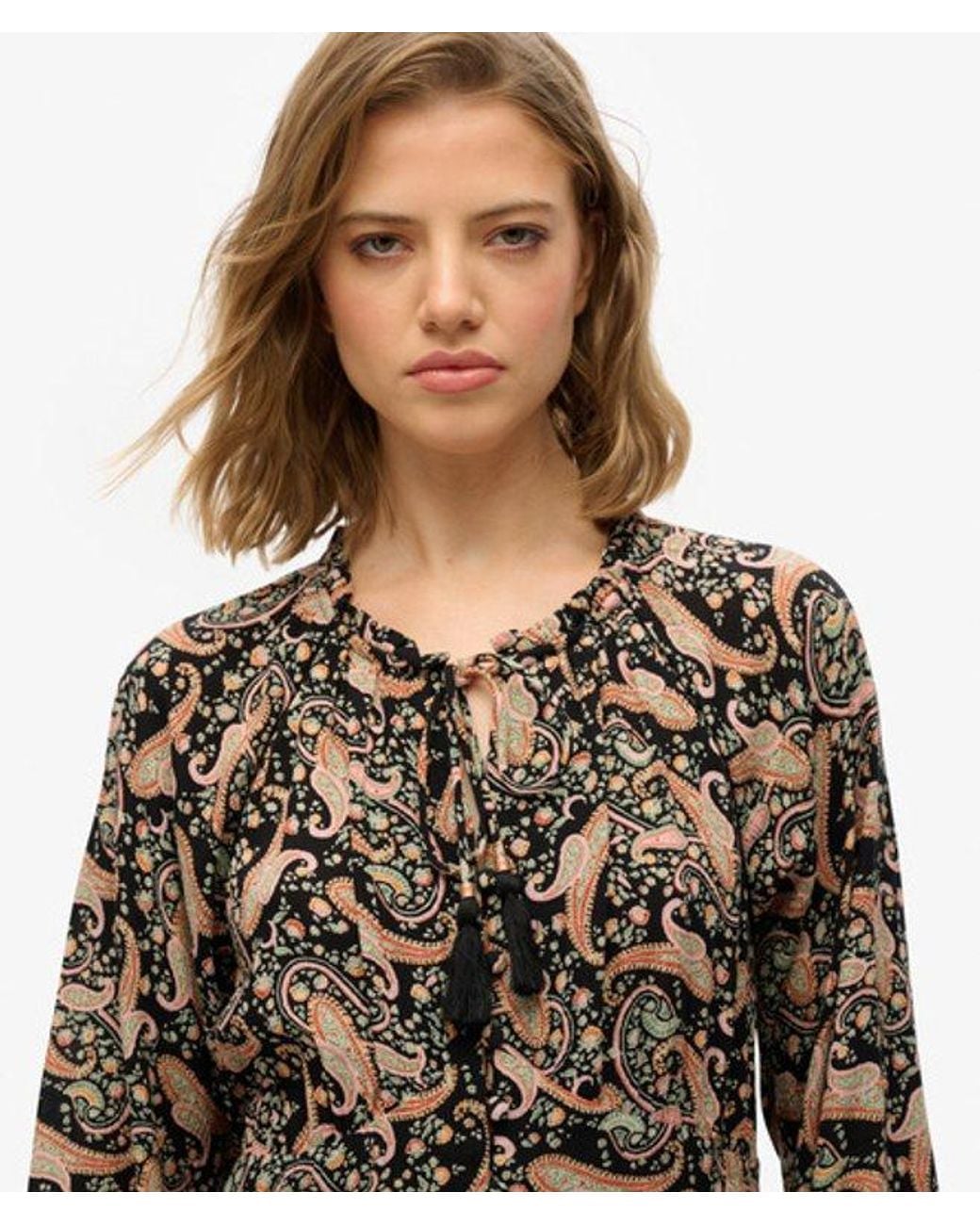 Superdry Black Paisley Print Long Sleeve Midi Dress