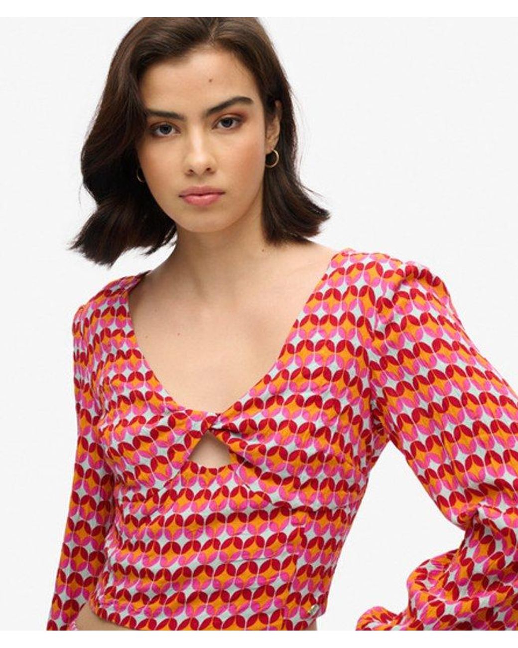 Superdry Red & Co Long Sleeve Woven Crop Top