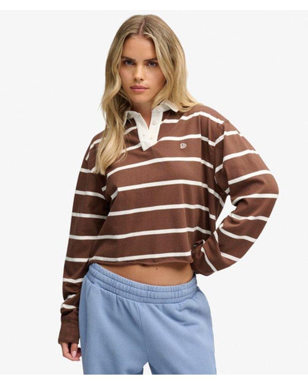 Superdry Brown & Co Athletic Essential Cropped Stripe Rugby Top