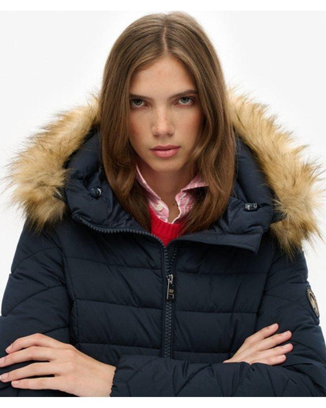 Superdry Blue & Co Fuji Faux Fur Hooded Mid Length Coat