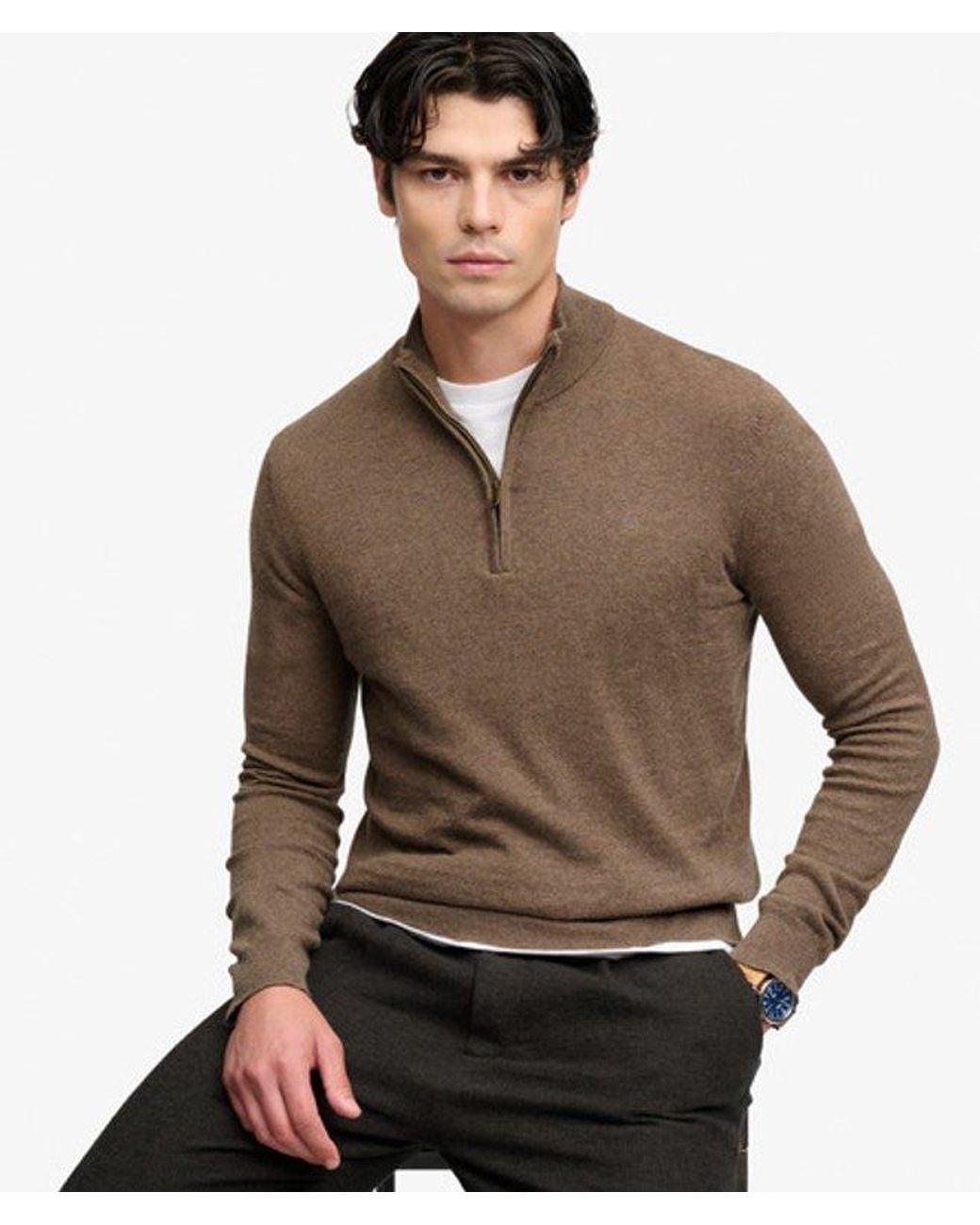 Superdry Brown Essential Lightweight Wool Blend Half Zip Jumper for men