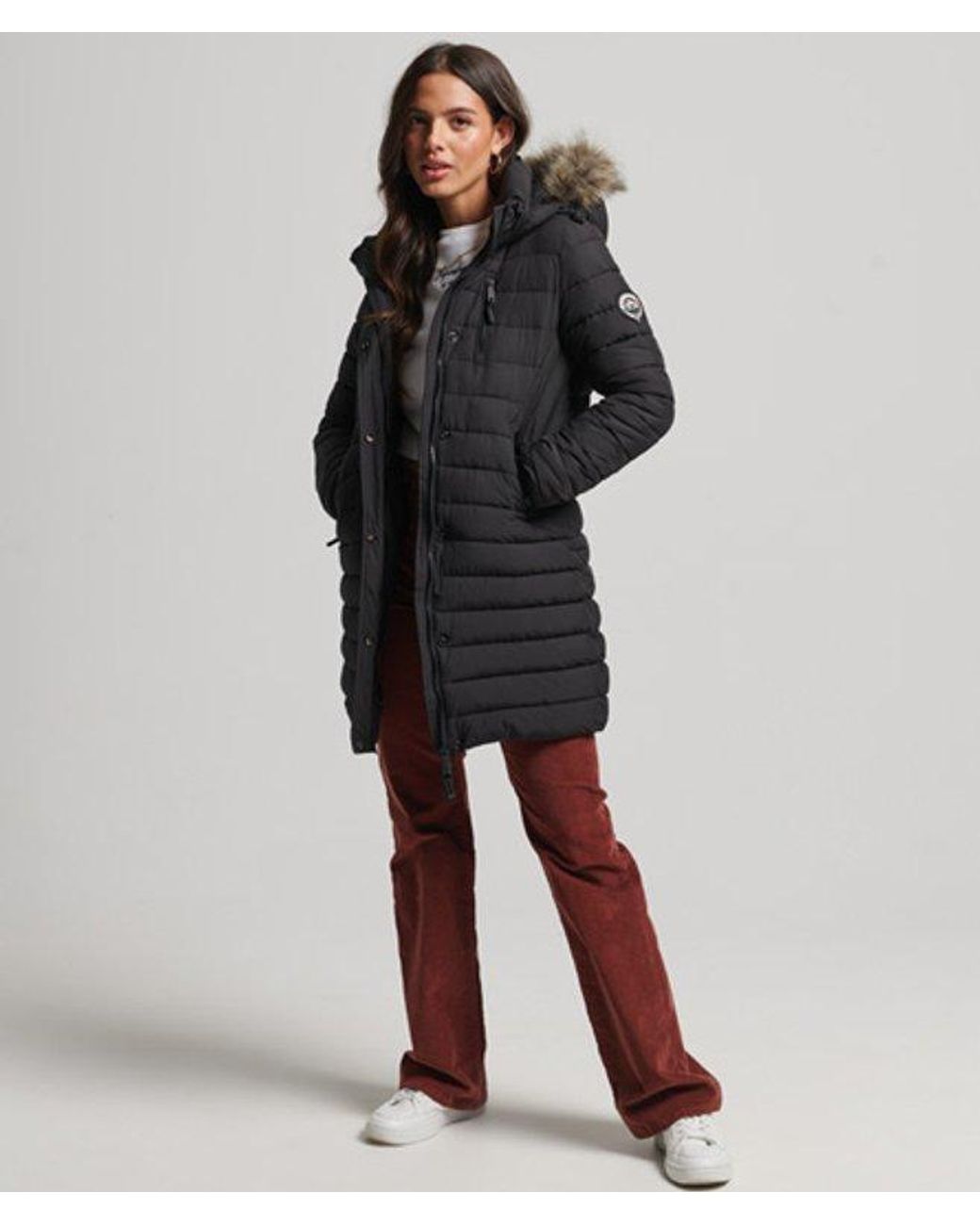 Superdry Faux Fur Hooded Mid Length Puffer Jacket Black