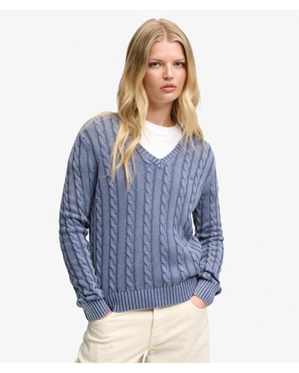 Superdry Blue & Co Washed V Neck Cable Jumper
