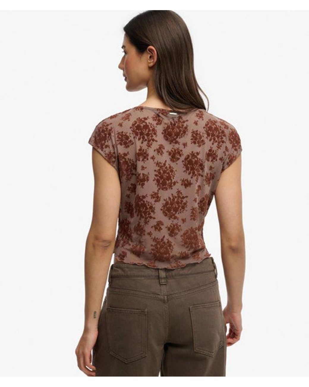 Superdry Brown & Co Flocked Mesh Short Sleeve Top