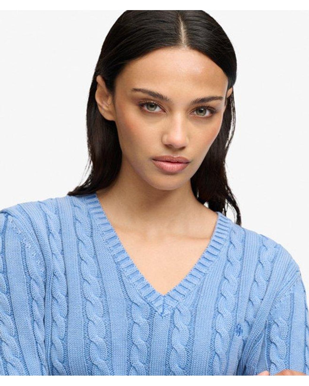 Superdry & Co Washed V-hals Cable Trui Slanke Pasvorm in het Blue