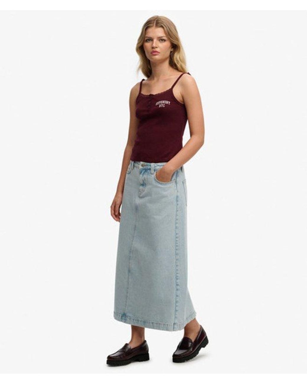 Superdry Denim Cargo Maxi Rok in het Blue