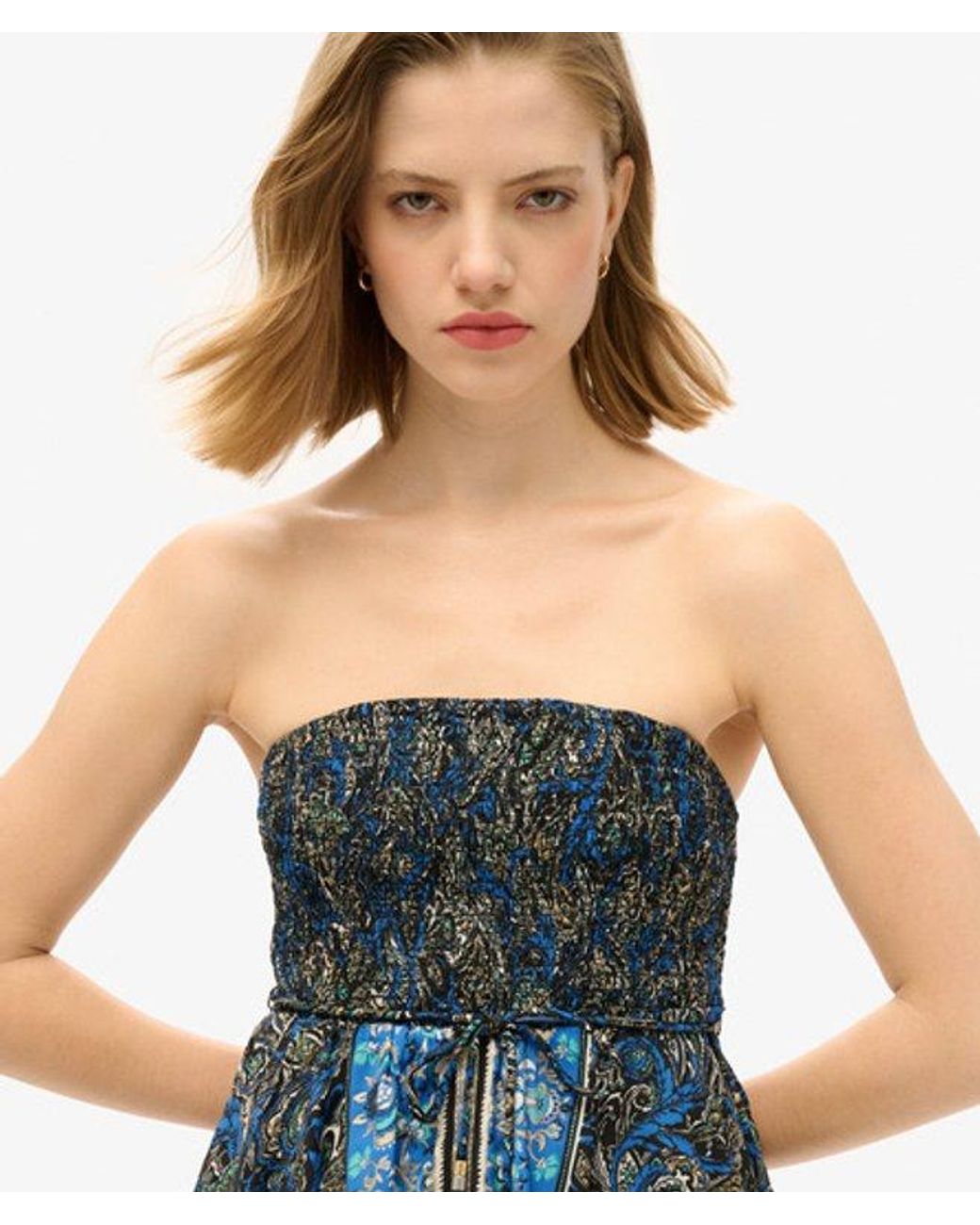 Superdry Blue Slim Fit Paisley Print St Tropez Bandeau Dress