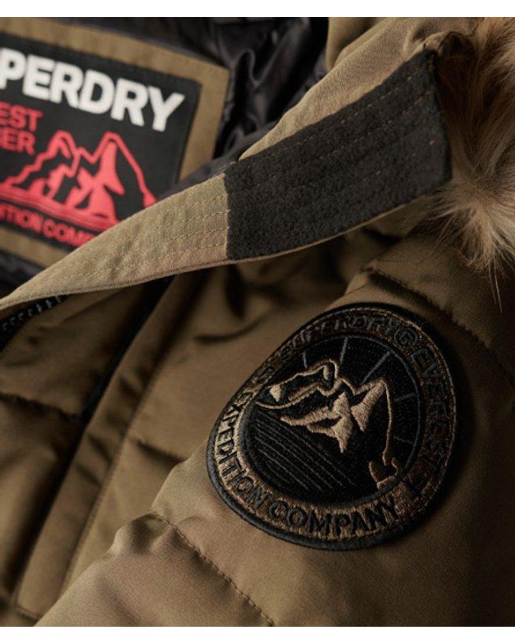 Superdry Green & Co Everest Fully Lined Embroidered Badge Hooded Puffer Bomber Jacket