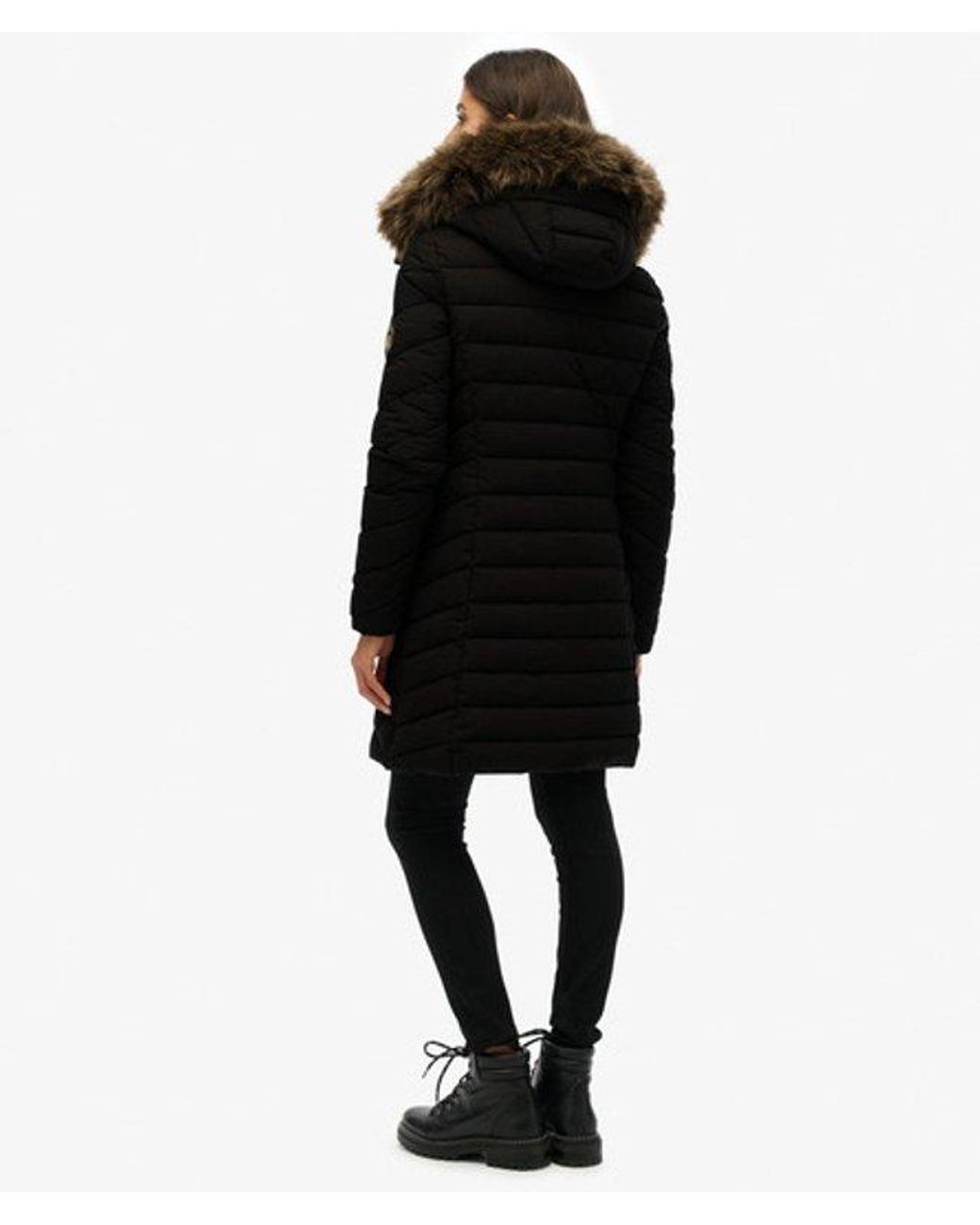 Superdry Black & Co Fuji Faux Fur Hooded Mid Length Coat