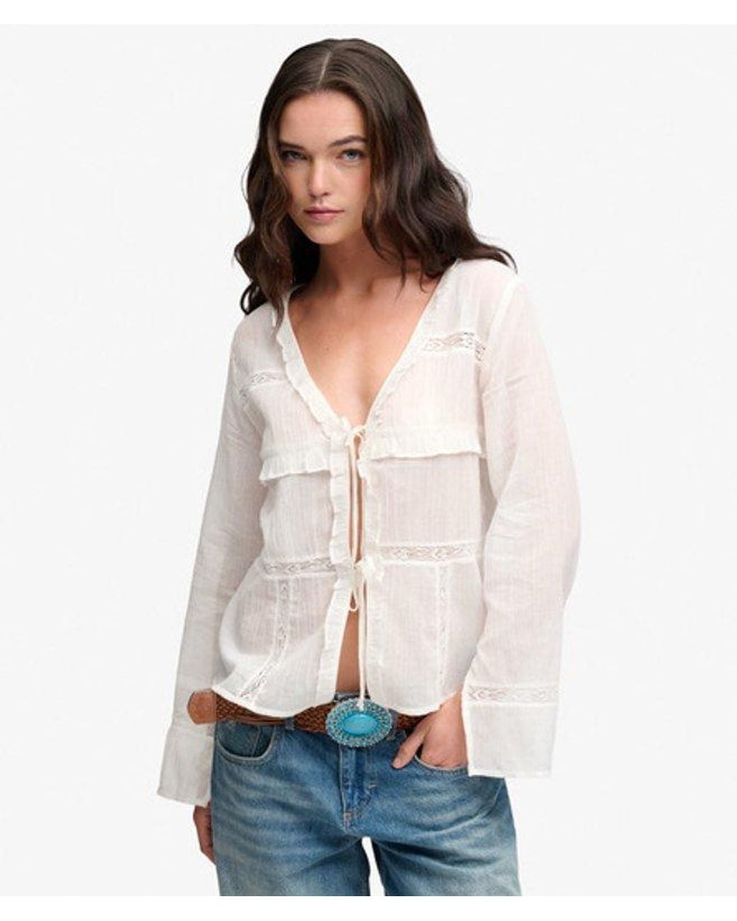 Superdry White & Co Long Sleeve Lace Tie Front Top