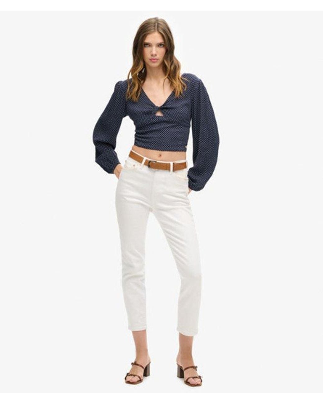 Superdry Blue & Co Long Sleeve Woven Crop Top