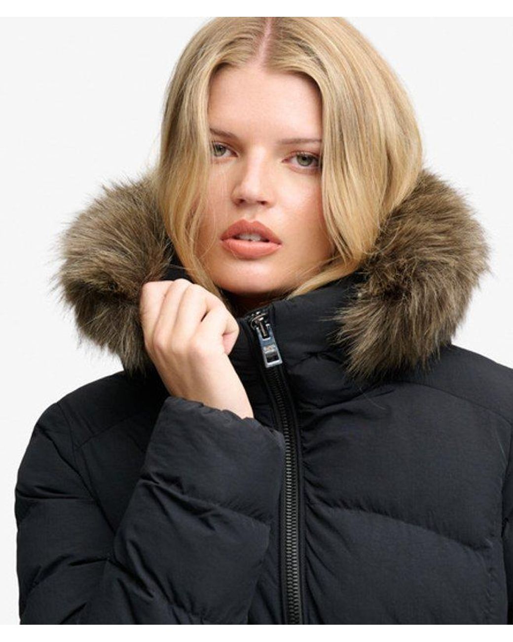 Superdry Blue & Co Hooded Faux Fur Fuji Mid Length Coat