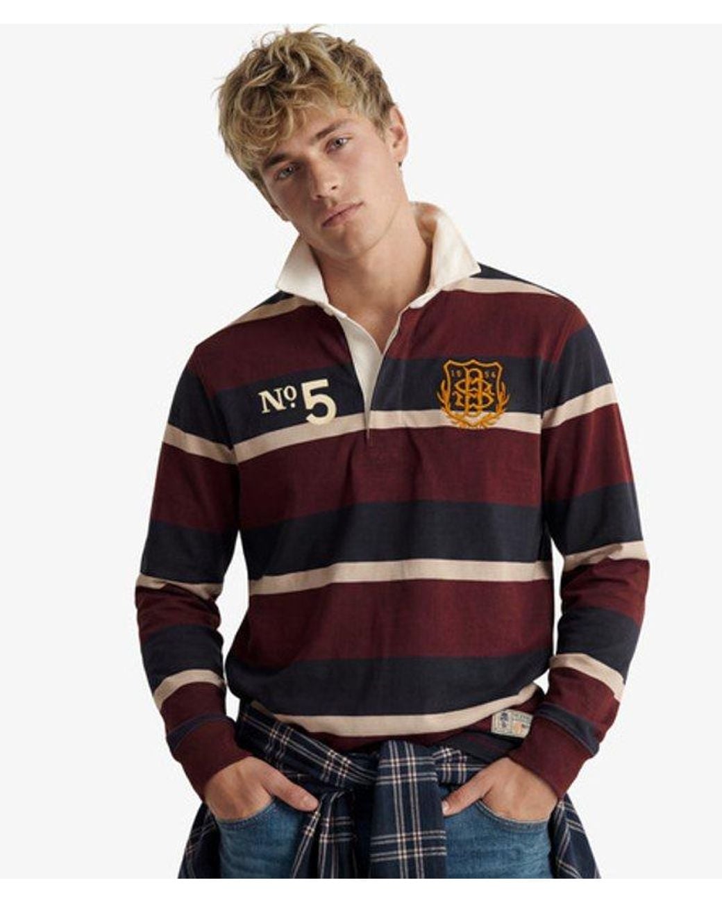 Superdry Red & Co Double Emblem Stripe Rugby Top for men