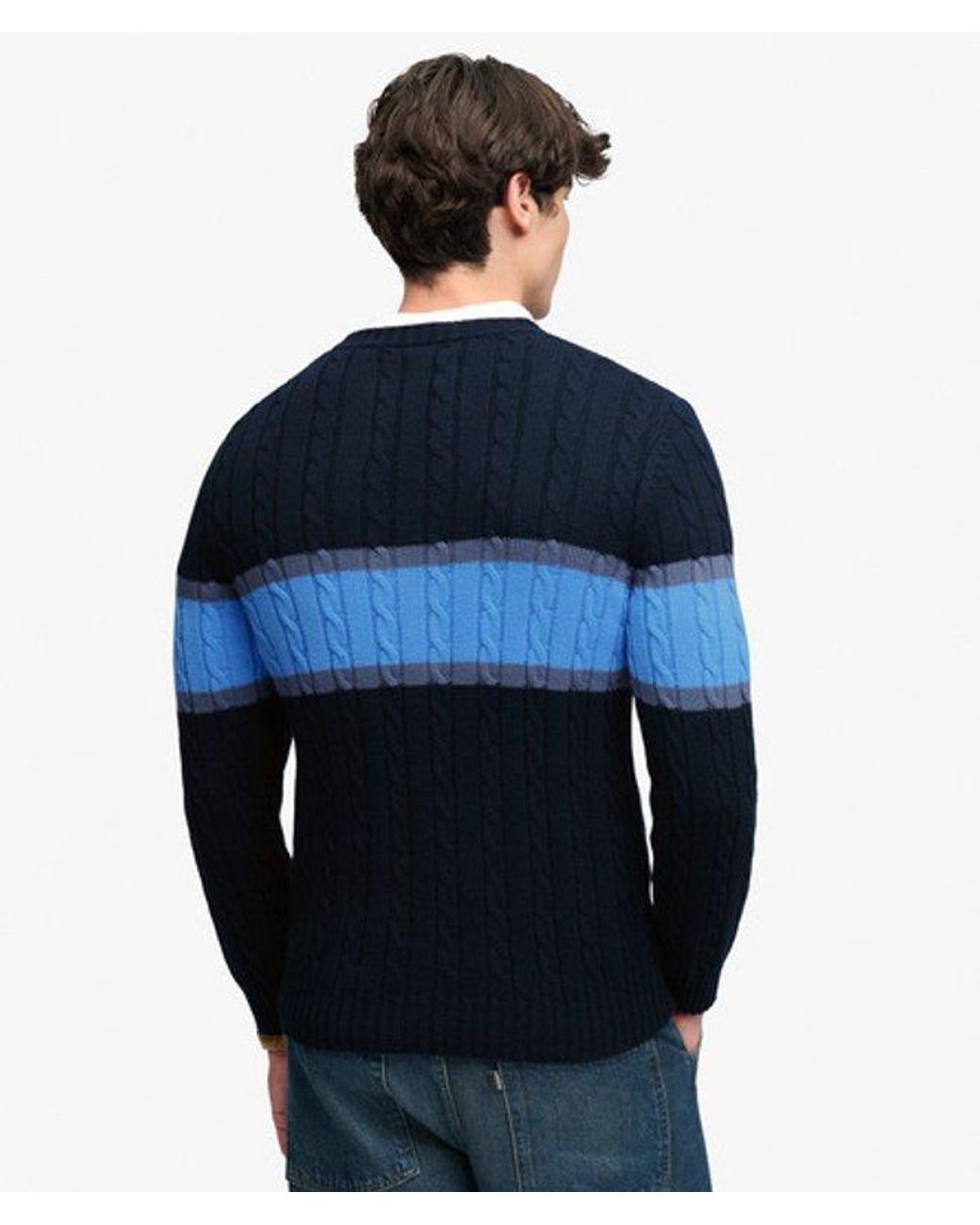 Superdry Blue Cotton Stripe Cable Jumper for men
