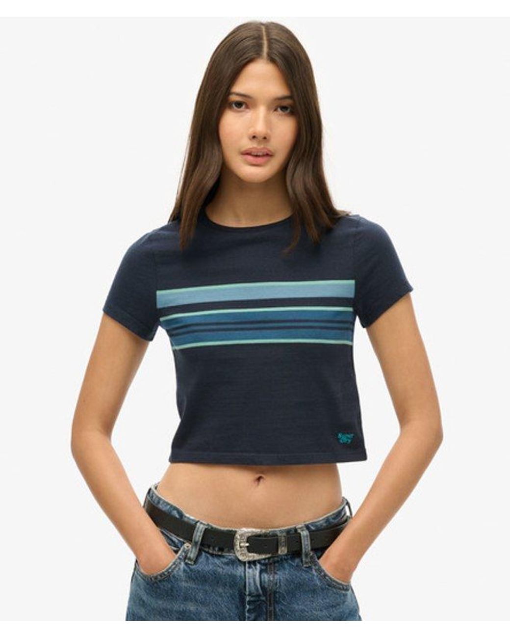 Superdry Blue & Co Slim Fit Vintage Stripe Crop T-shirt