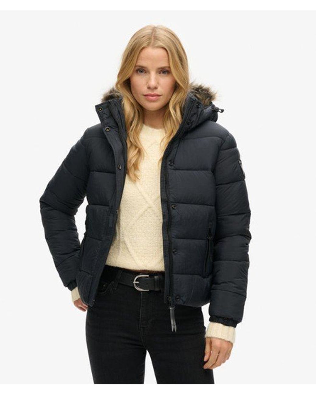 Superdry Black & Co Faux Fur Short Hooded Puffer Jacket
