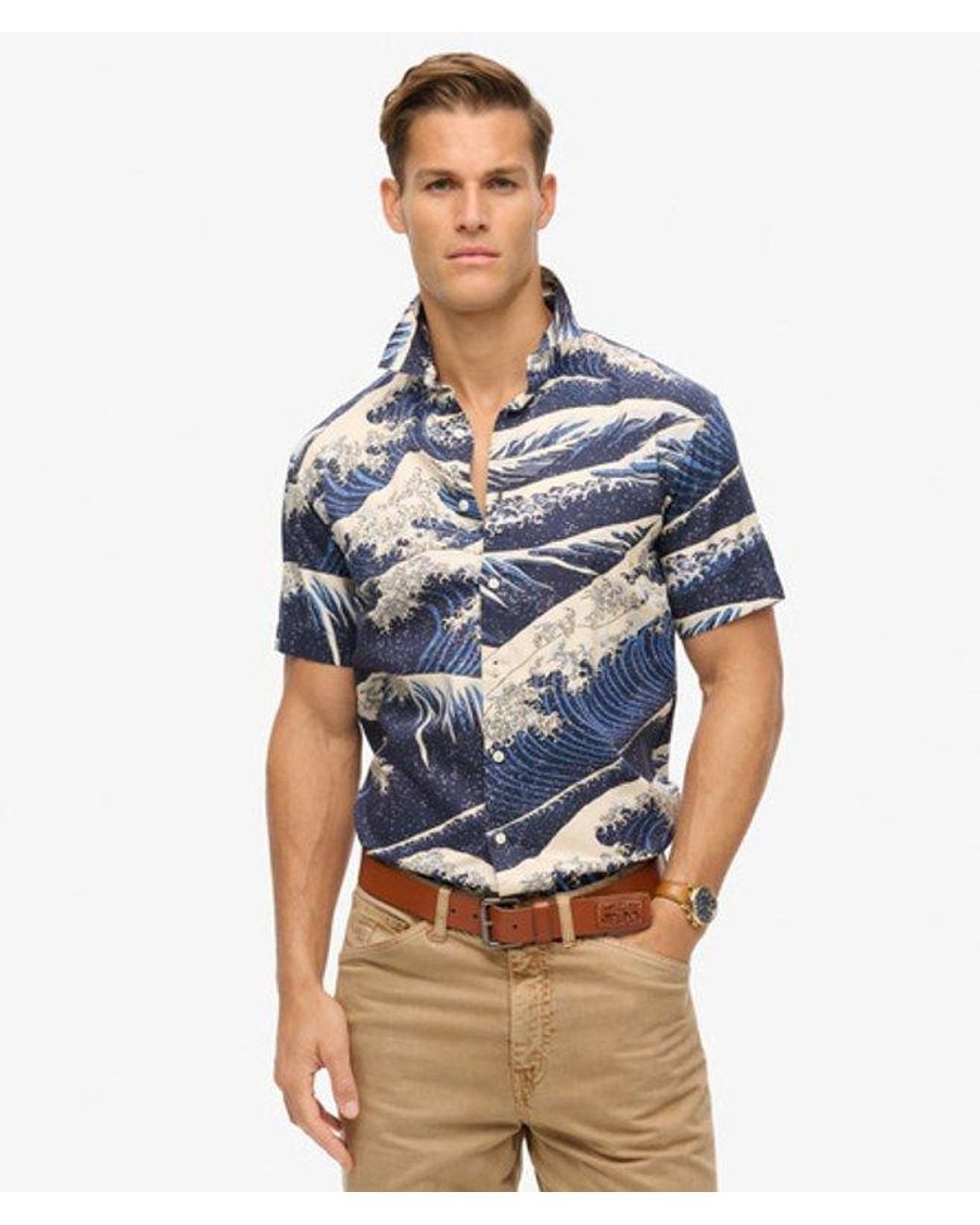 Superdry Blue Mens Classic Wave Print Short Sleeve Hawaiian Shirt for men