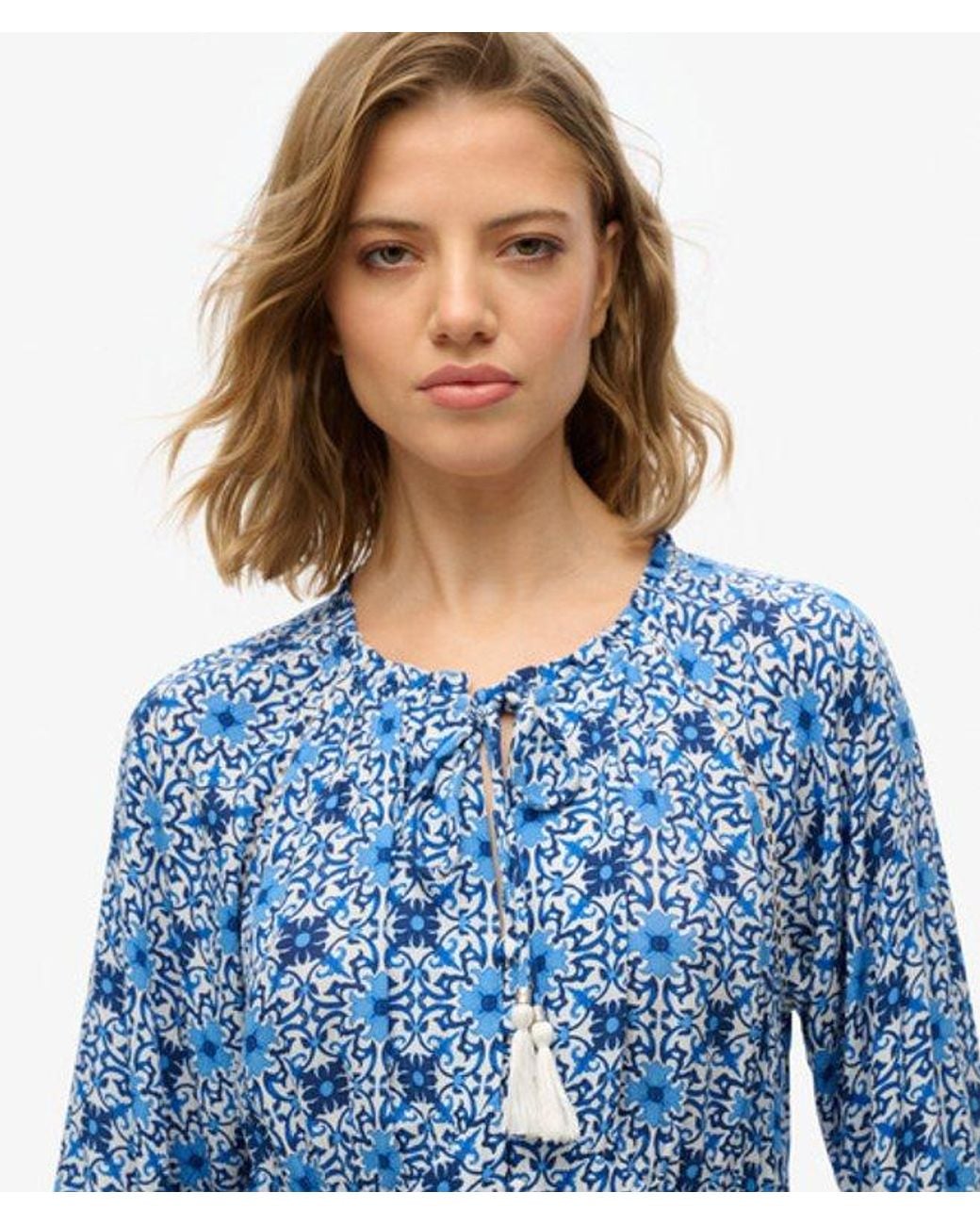 Superdry Blue Floral Print Long Sleeve Midi Dress