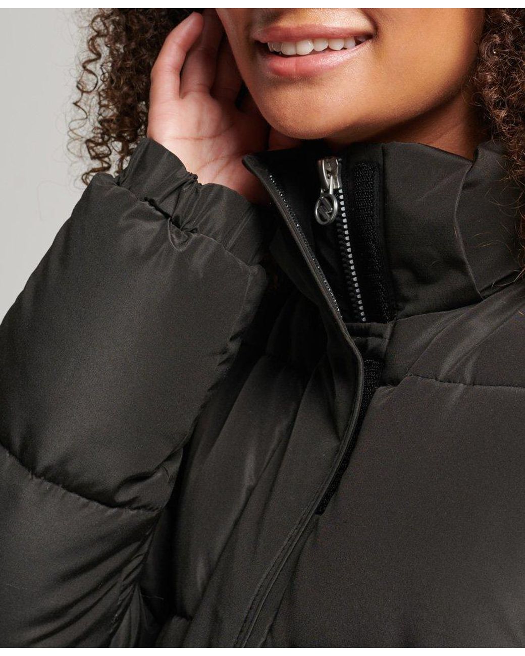 Superdry Hooded Longline Graphic Puffer Coat Black / Black/white | Lyst