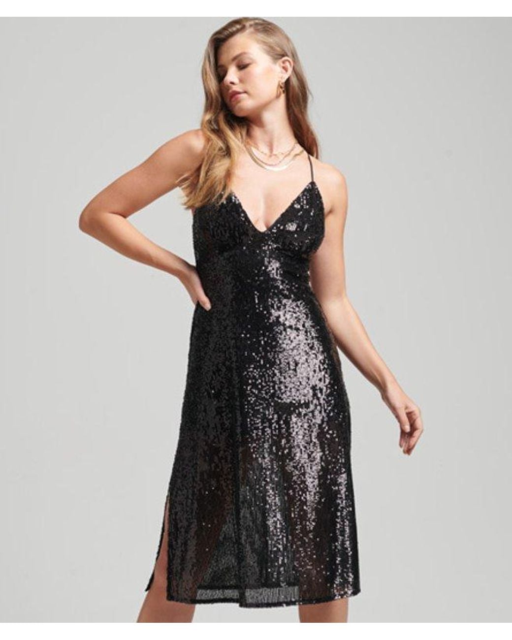 Superdry Black & Co Plunge Sequin Midi Slip Dress