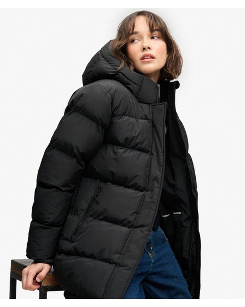 Superdry Black & Co Hooded Sports Puffer Mid Length Jacket