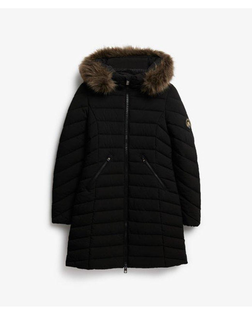 Superdry Black & Co Fuji Faux Fur Hooded Mid Length Coat