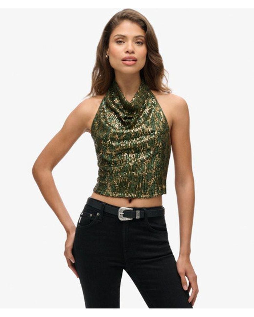 Superdry Green & Co Cowl Halter Neck Sequin Top