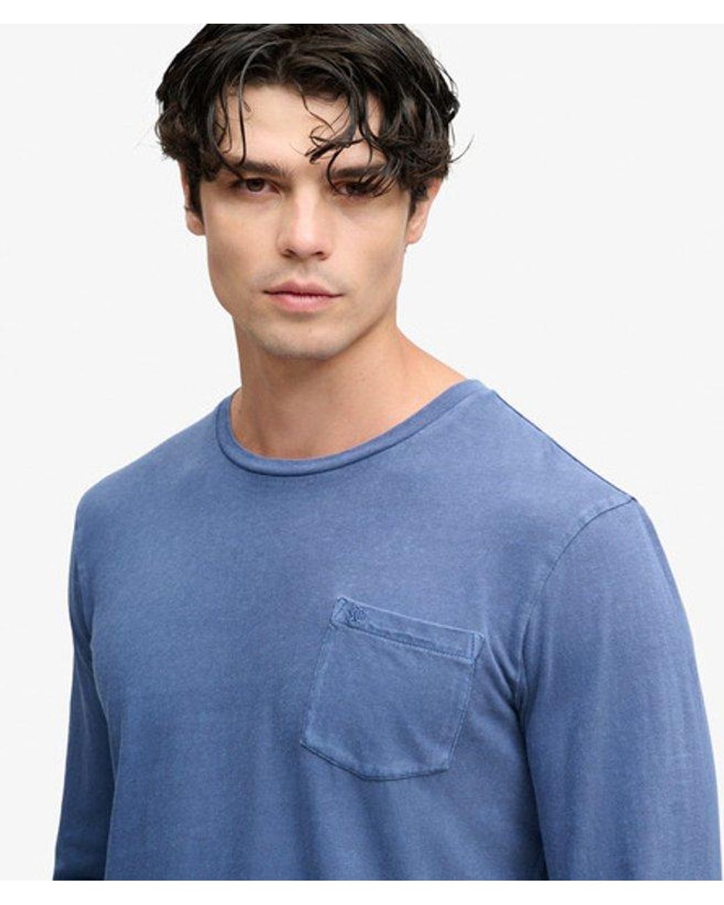 Superdry Blue Cotton Linen Long Sleeve Pocket Top for men