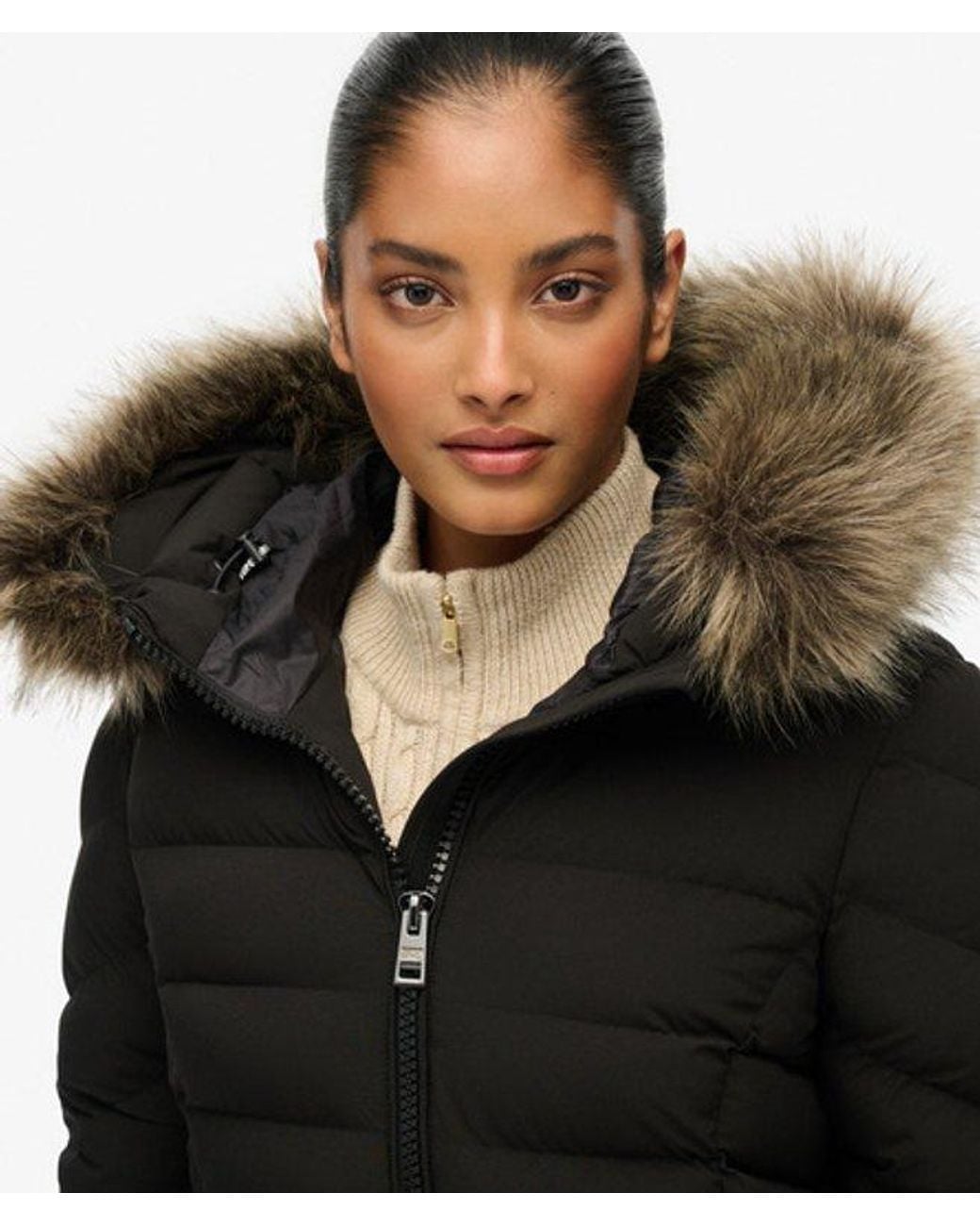 Superdry Black Fuji Faux Fur Hooded Longline