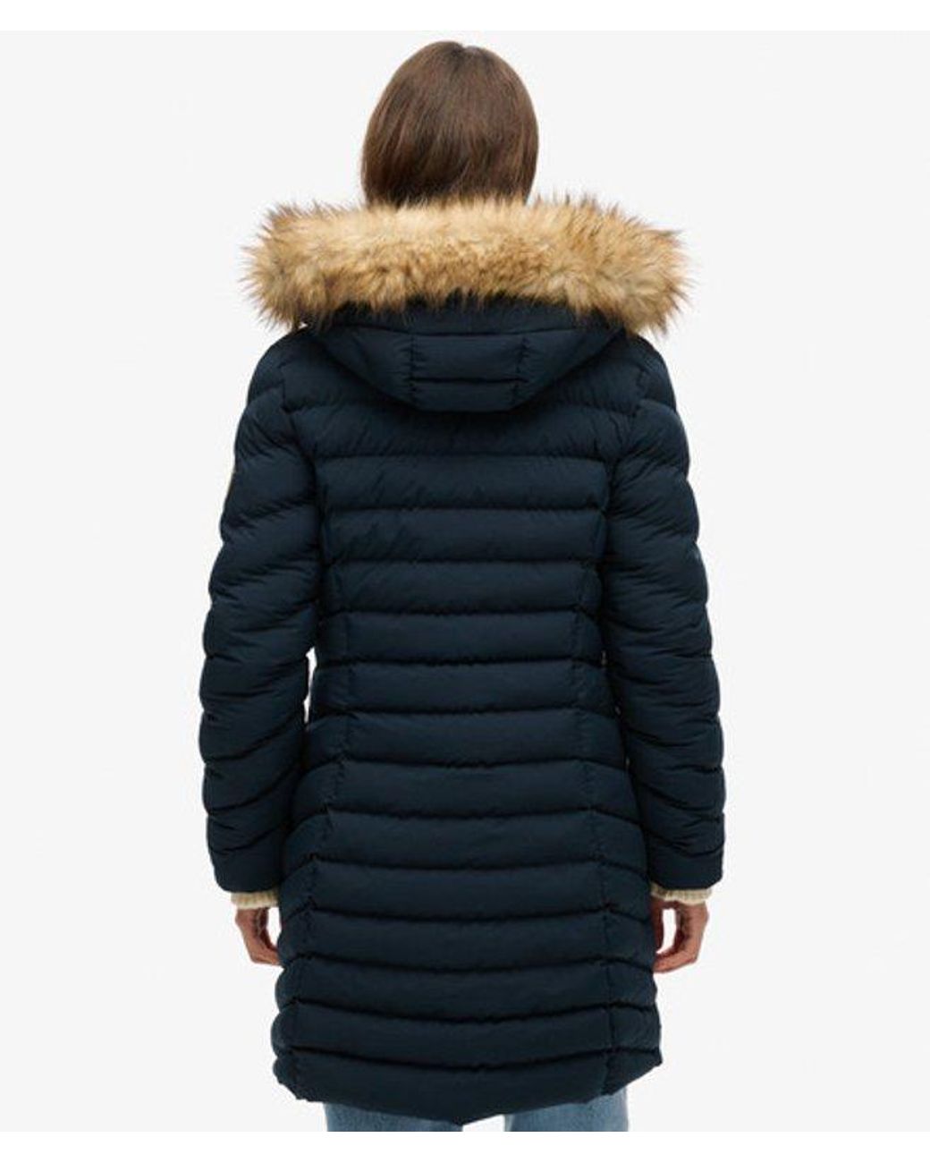Superdry Blue & Co Slim Fit Logo Patch Fuji Faux Fur Hood Mid Length Puffer Coat