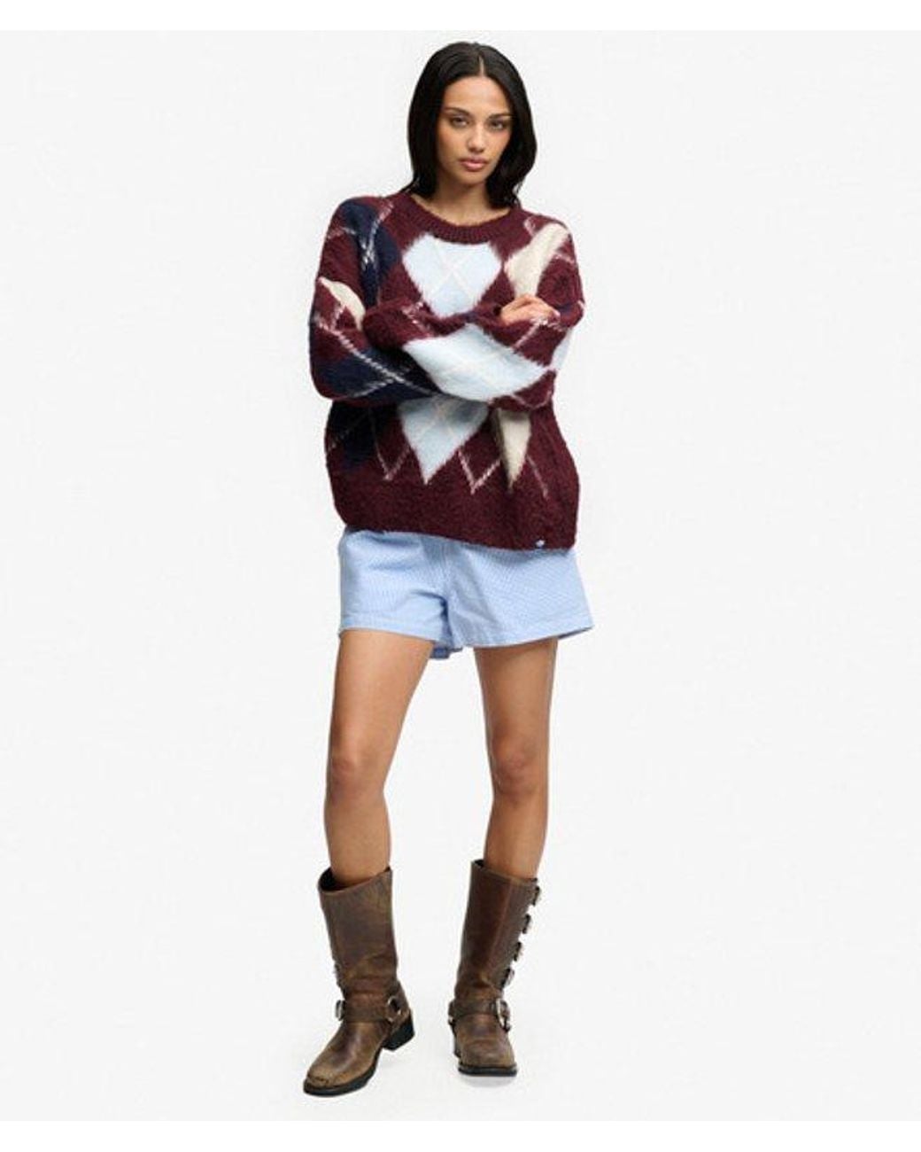 Superdry Red & Co Slouchy Brushed Argyle Knit Jumper