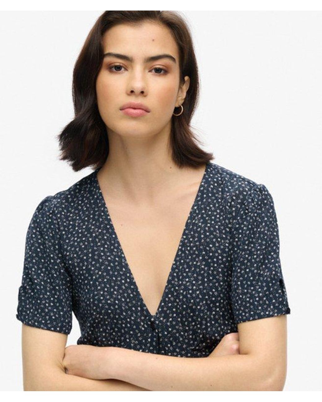 Superdry Blue Floral Printed Button-up Short Sleeve Midi Tea Dress