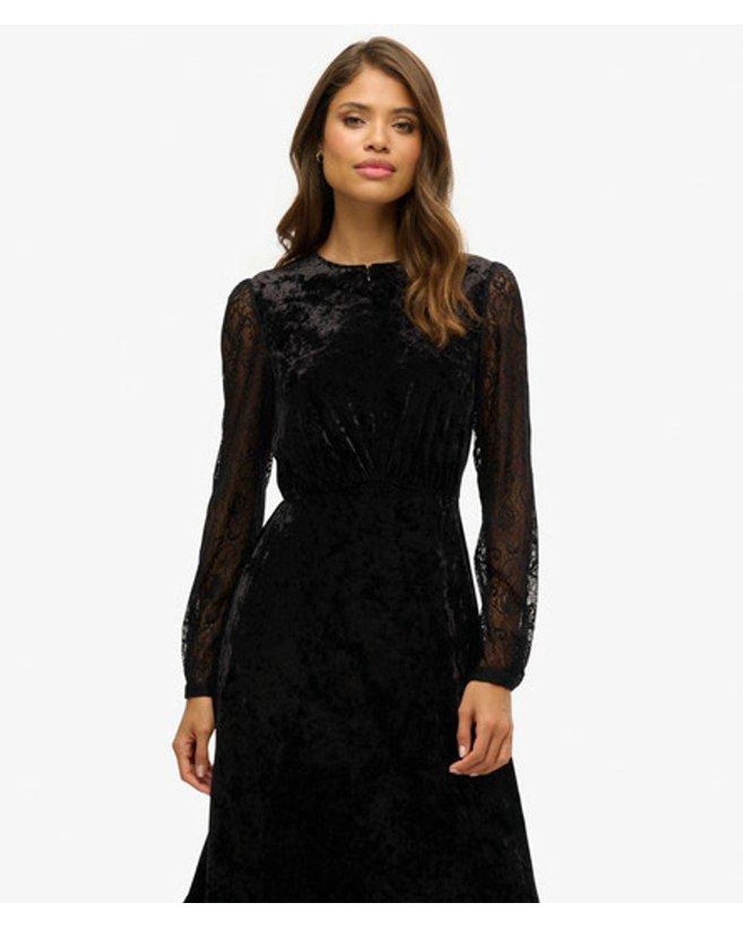 Superdry Black & Co Lace Sleeve Velvet Midi Dress