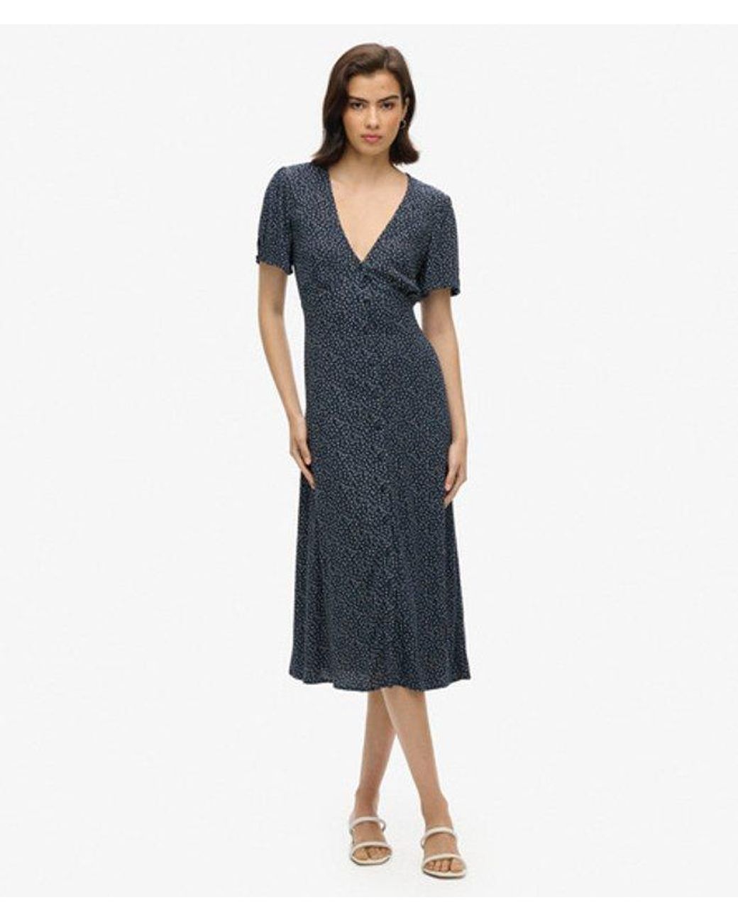 Superdry Blue Floral Printed Button-up Short Sleeve Midi Tea Dress