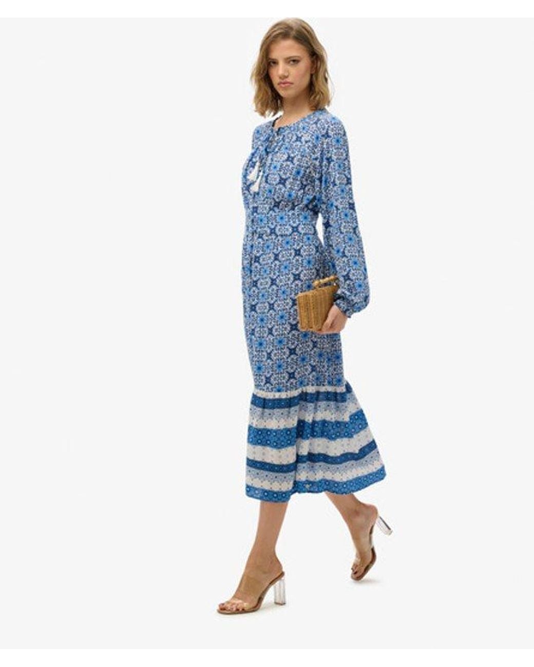 Superdry Blue Floral Print Long Sleeve Midi Dress