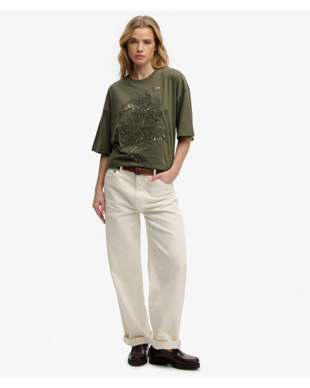 Superdry Green Tattoo Embellished Oversized T-Shirt