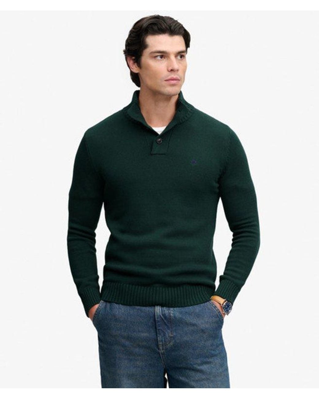 Superdry Green Cotton Button Henley Jumper for men