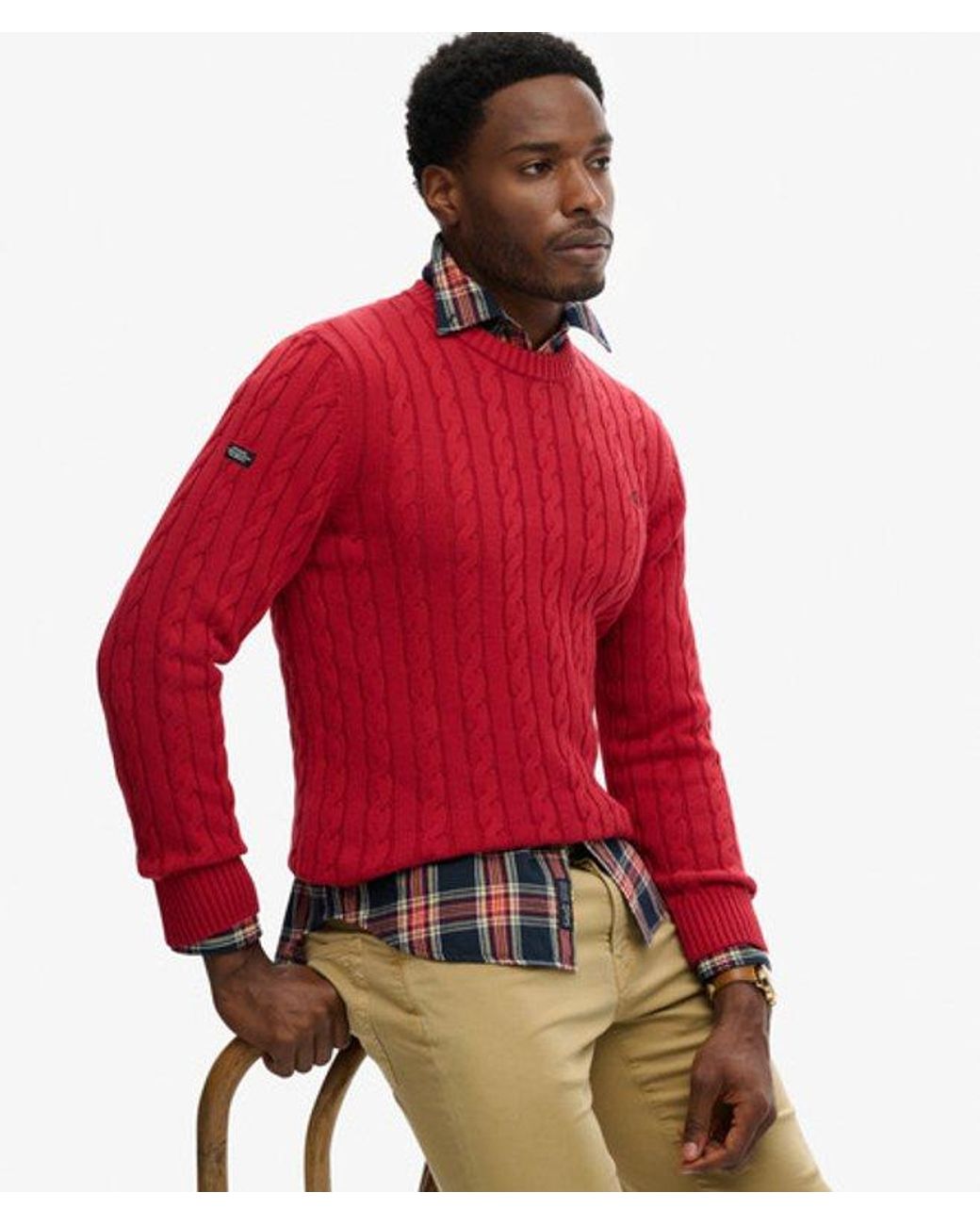 Superdry Red Cotton Cable Knit Crew Jumper for men