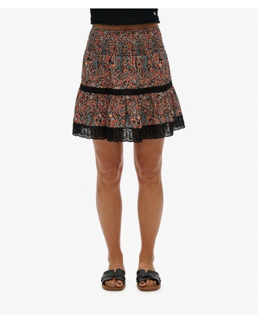 Superdry Black & Co Printed Lace Trim Mini Skirt