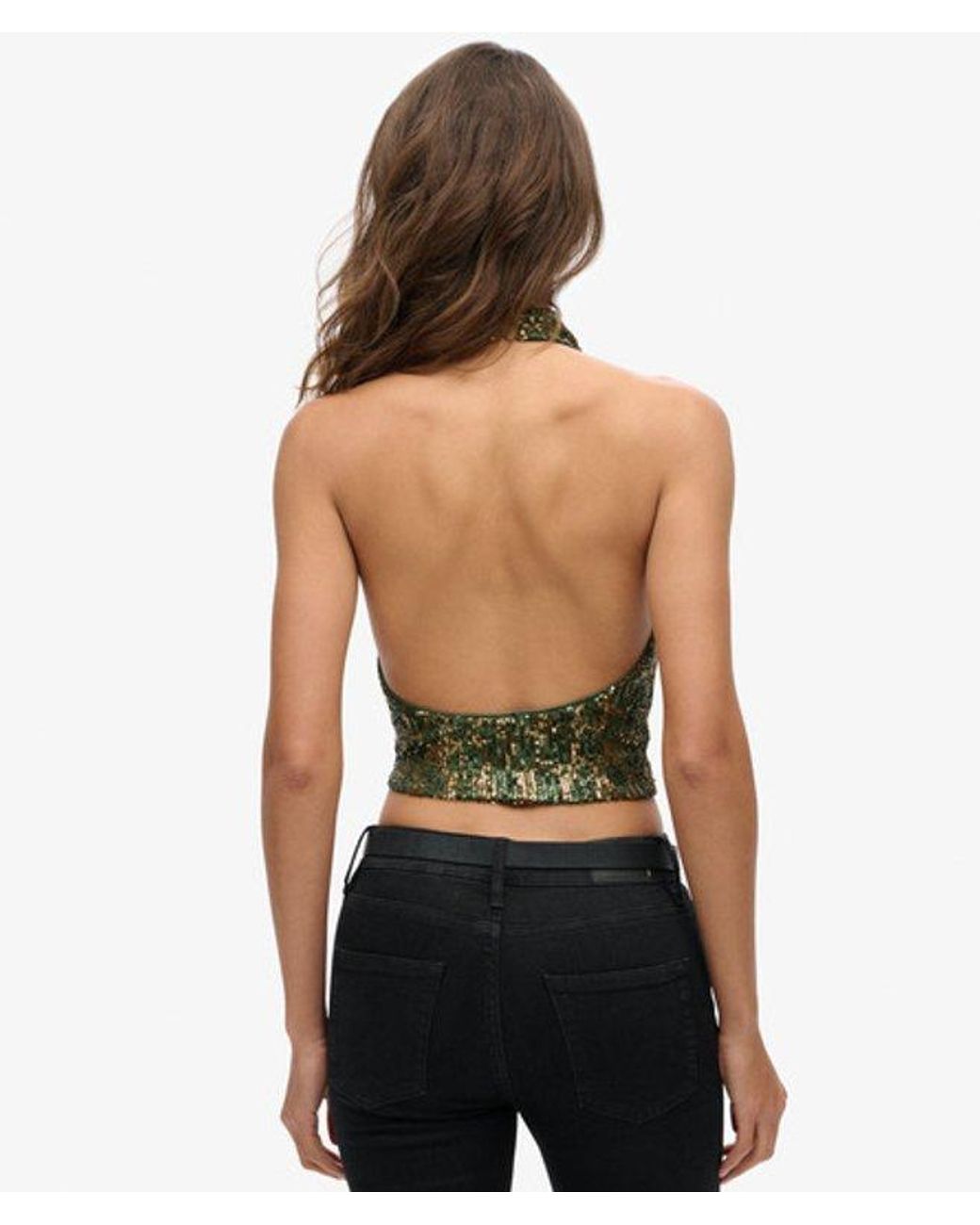 Superdry Green & Co Cowl Halter Neck Sequin Top