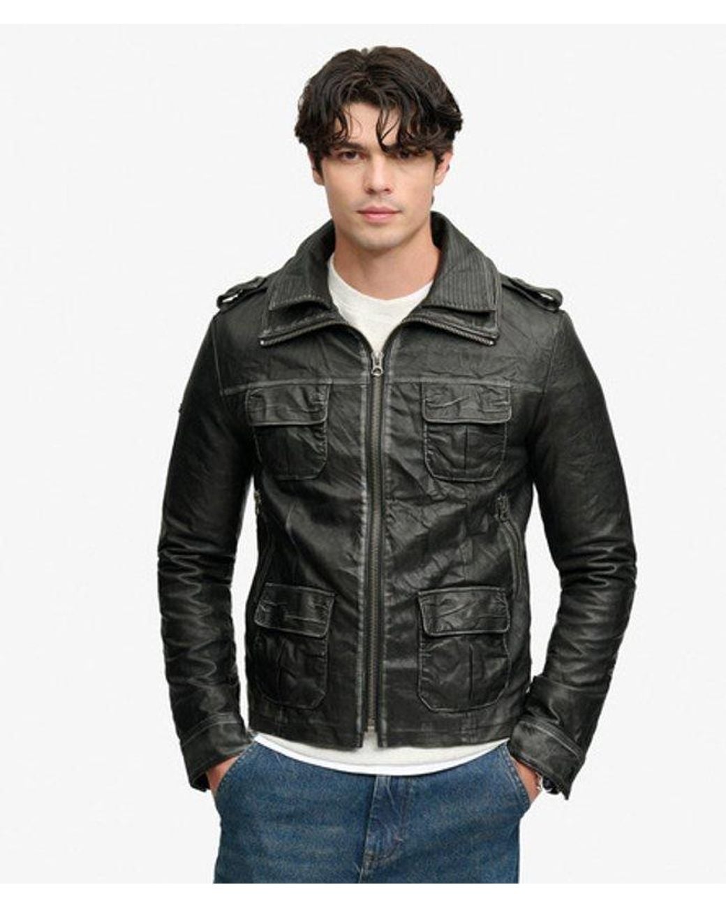 Superdry Black Brad Faux Leather Military Jacket for men