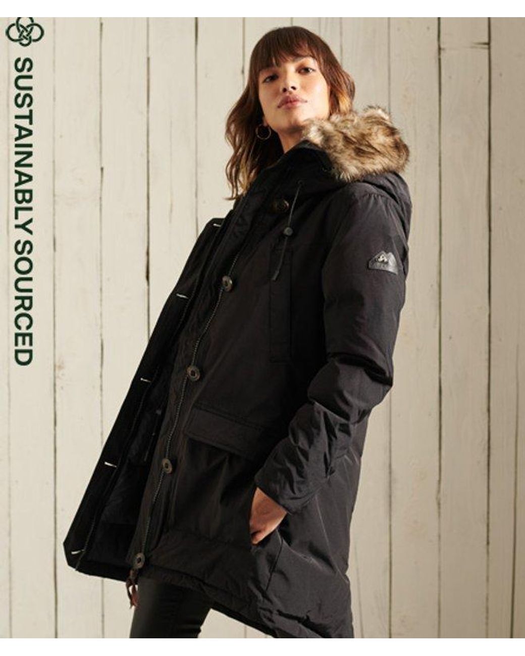 Superdry Black Hooded Faux Fur Down Parka Coat