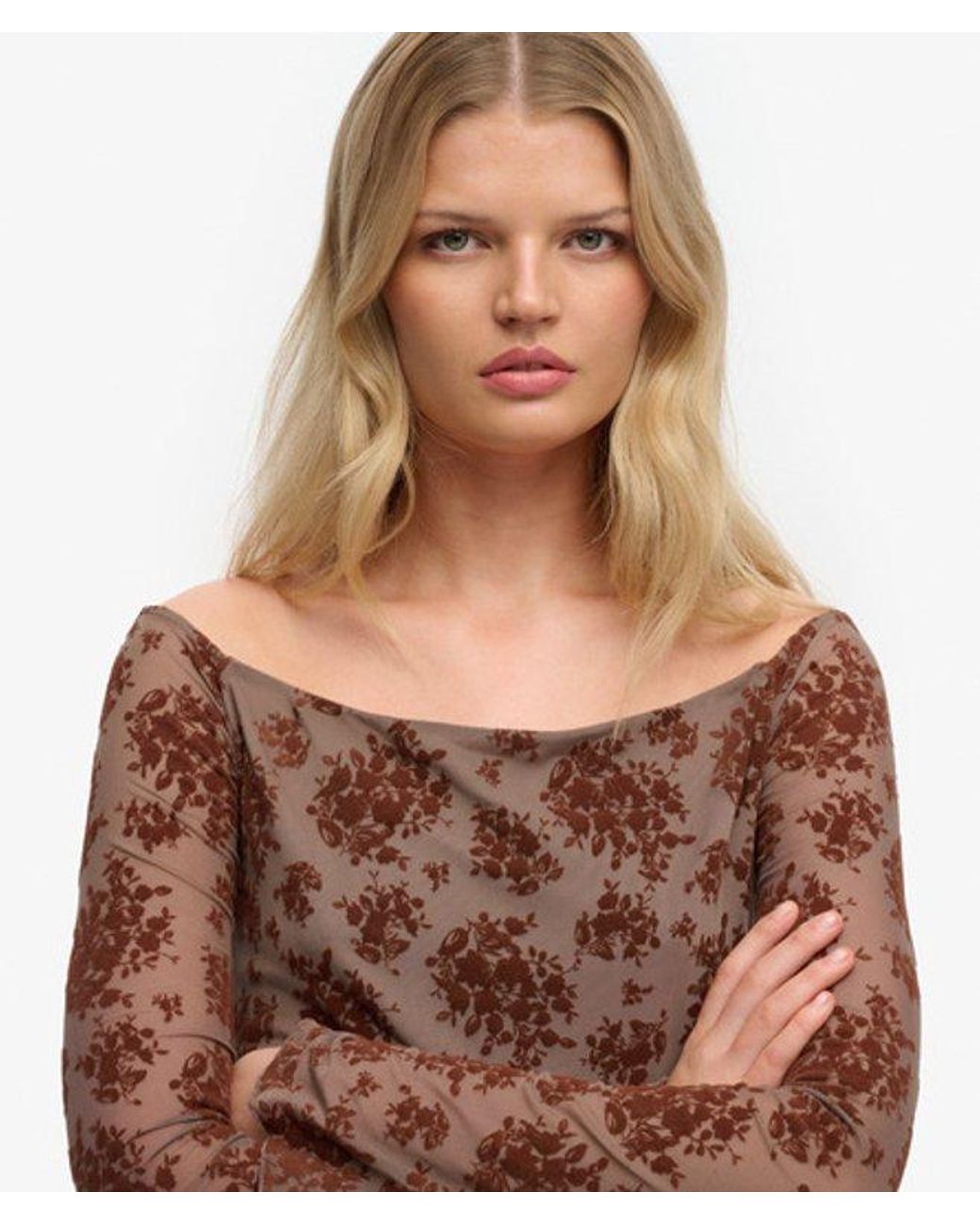 Superdry Brown & Co Flocked Mesh Long Sleeve Top