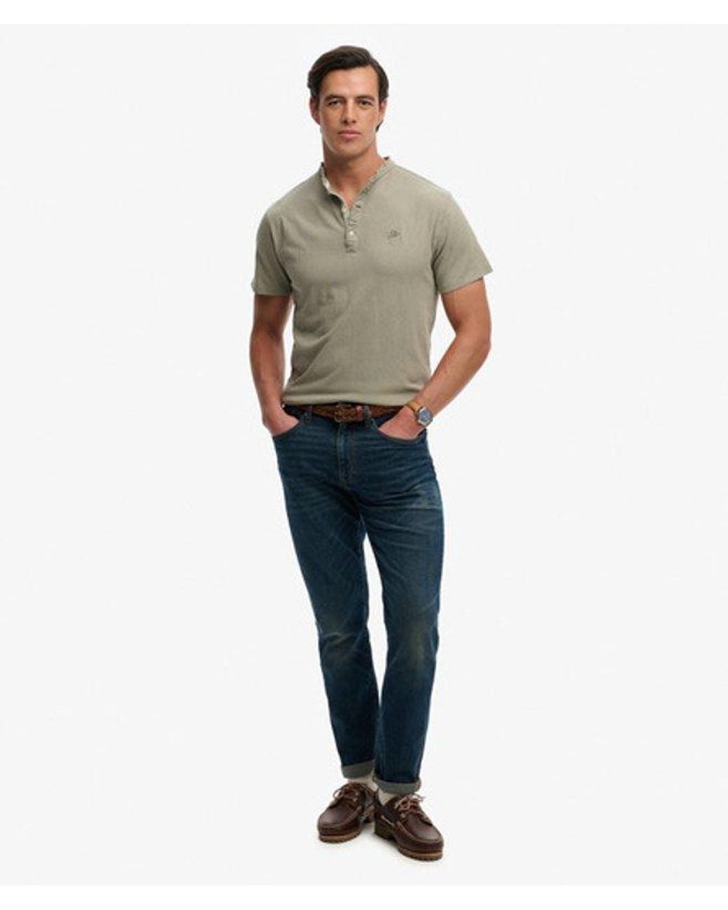 Superdry Green & Co Classic Cotton Linen Short Sleeve Henley T-shirt for men