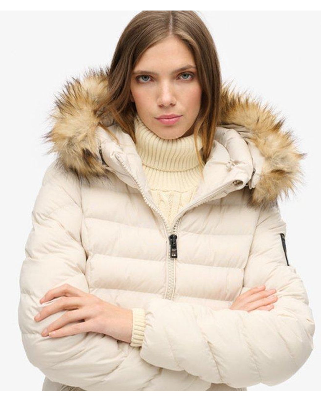 Superdry White & Co Slim Fit Fuji Faux Fur Hooded Long Jacket
