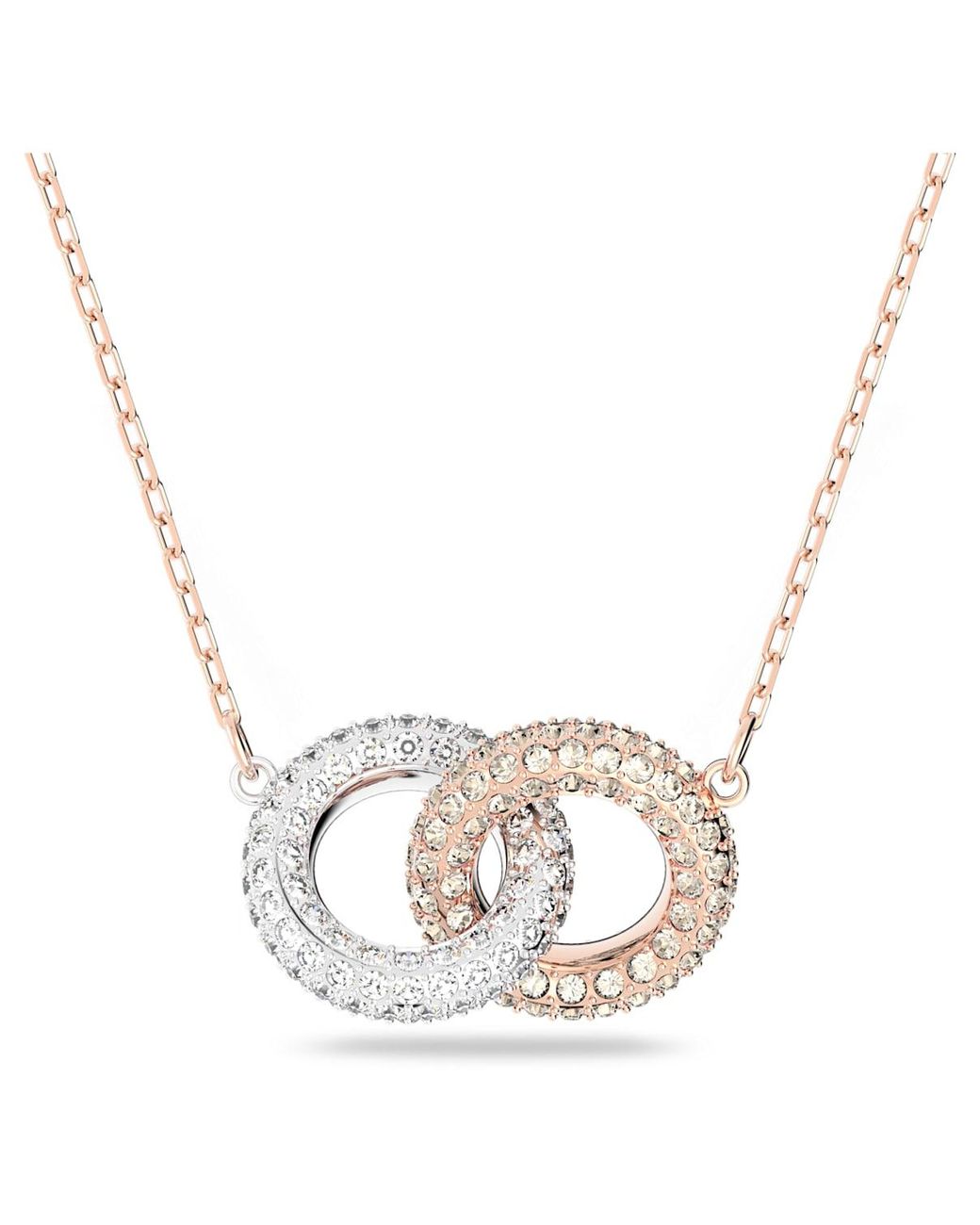 Swarovski Metallic Dextera Interlocking Circle Pendant Necklace With White Crystals On A Rose-gold Tone Finished Chain
