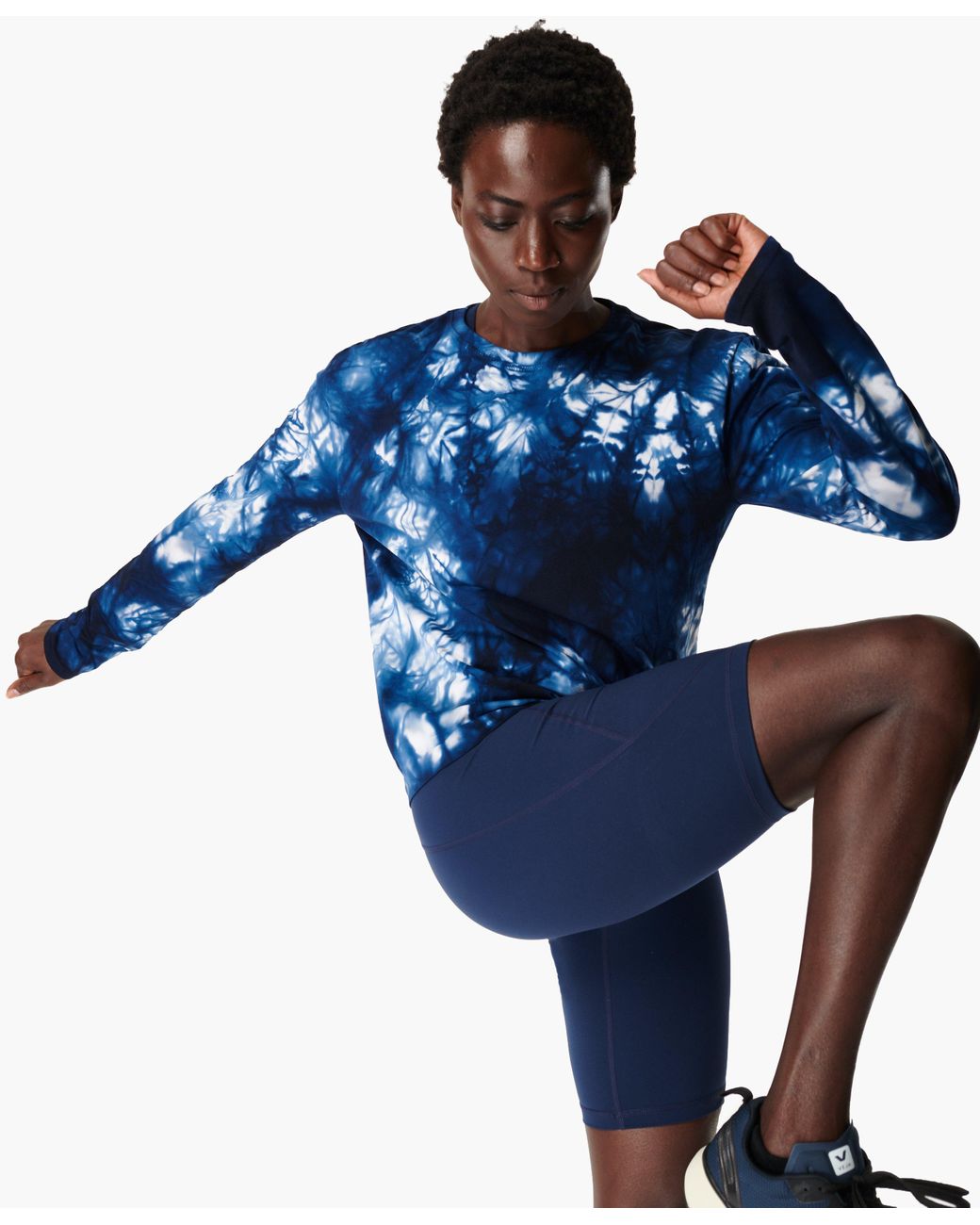 Sweaty Betty Triumph Seamless Workout Top in Navy Blue Tie