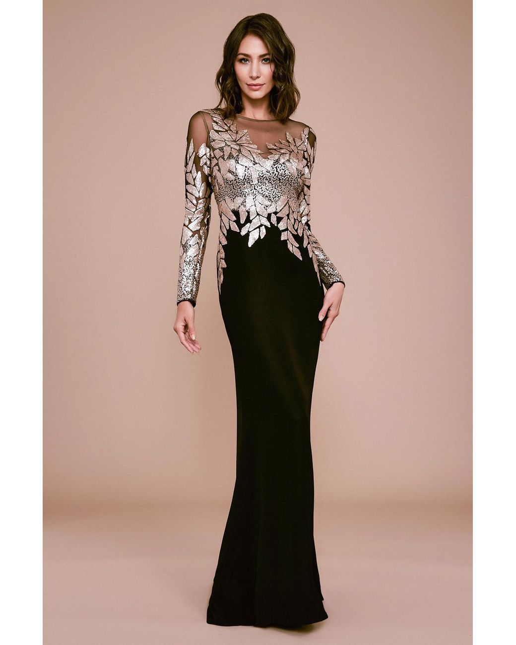 long sleeve black sequin gown