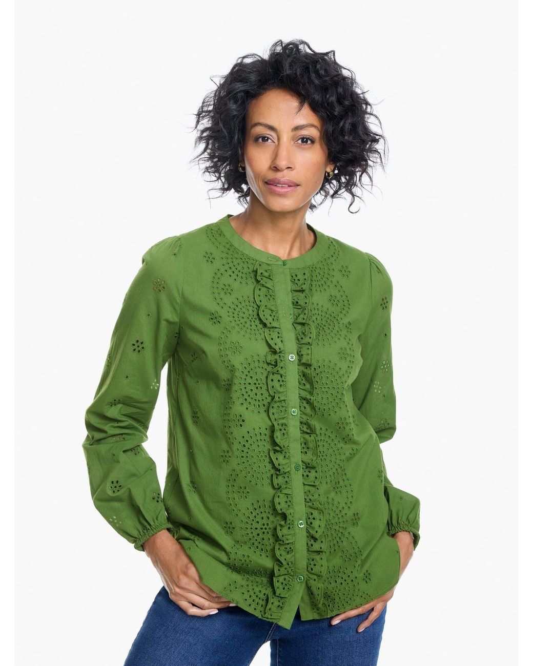 Talbots Green Eyelet Button Front Top