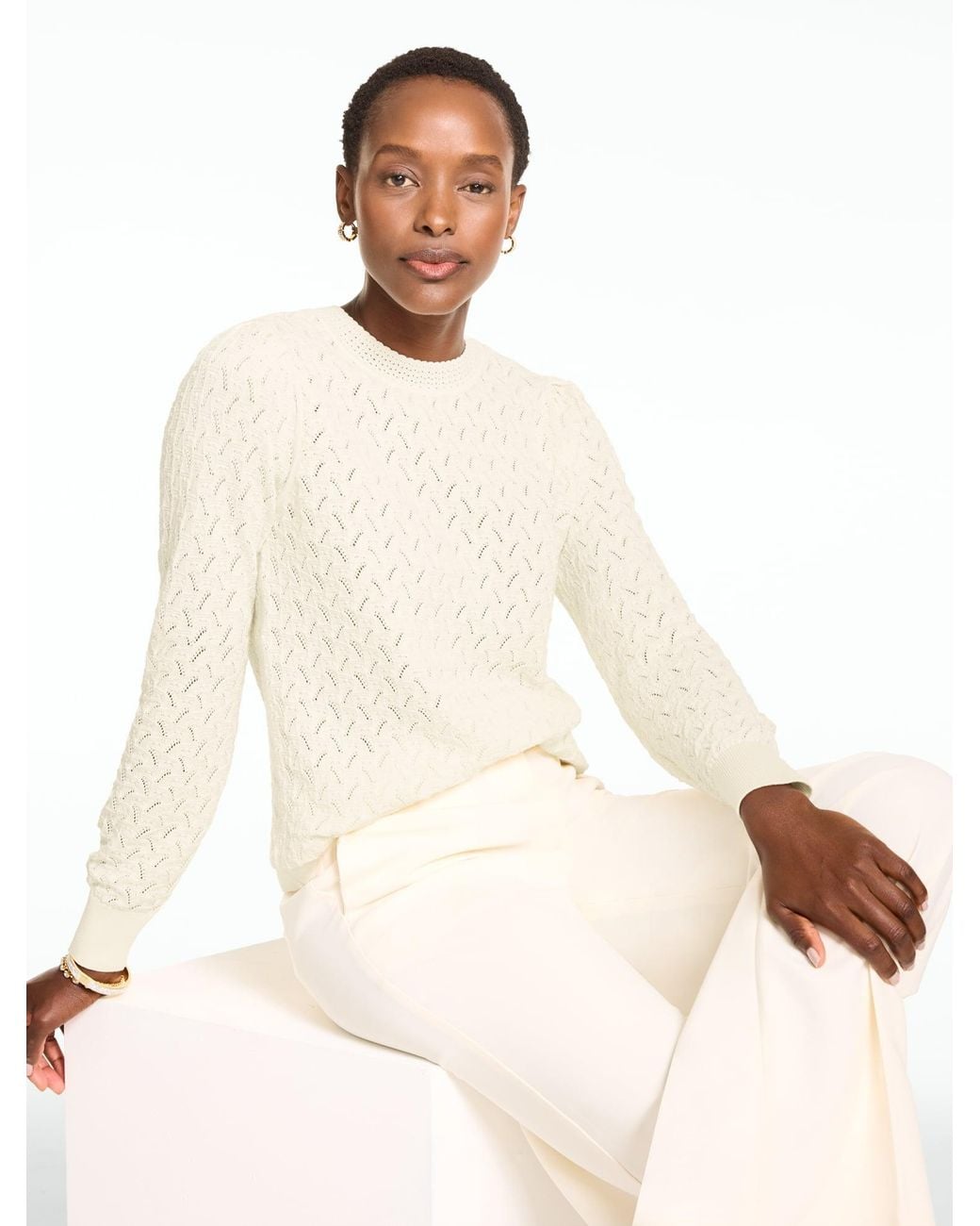 Talbots Natural Pointelle Crewneck Sweater Pullover
